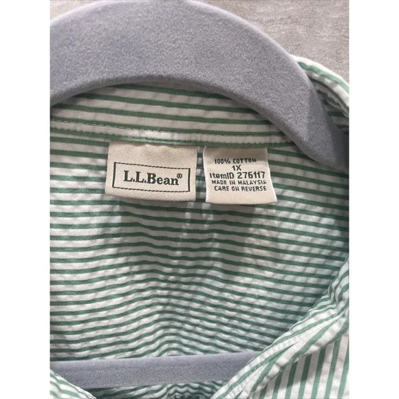 LL‎ BEAN Green White Stripe Seersucker Button Down Size 1X 3/4 Sleeve - Picture 5 of 6